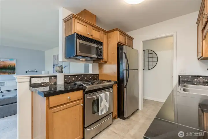 Kitchen overlooks the living room