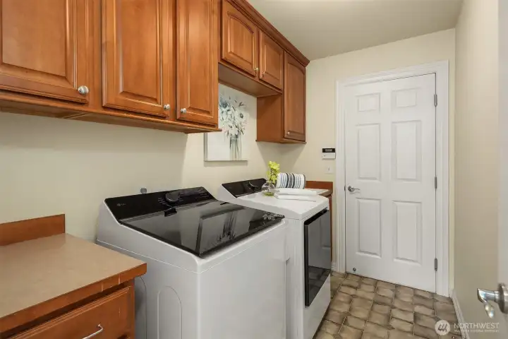 The main level mudroom features a utility sink, abundant storage, direct garage access, and new (2024) smart LG washer and dryer — all included in the sale.