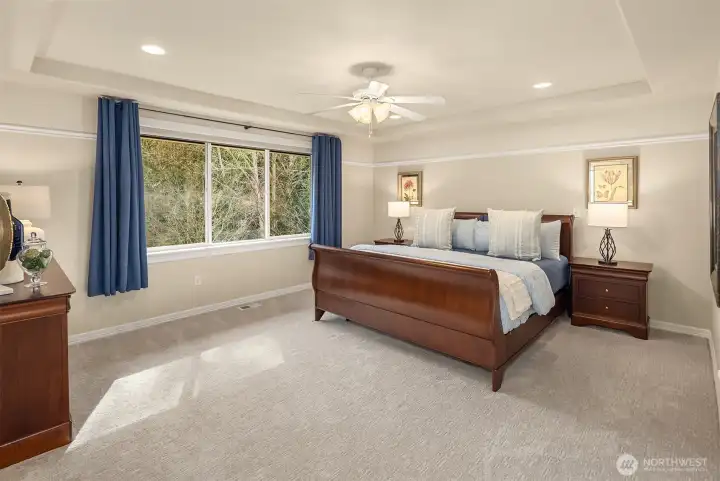 The serene primary suite features a tray ceiling, overlooks the private greenbelt, and is large enough to easily accommodate a king-size bed.