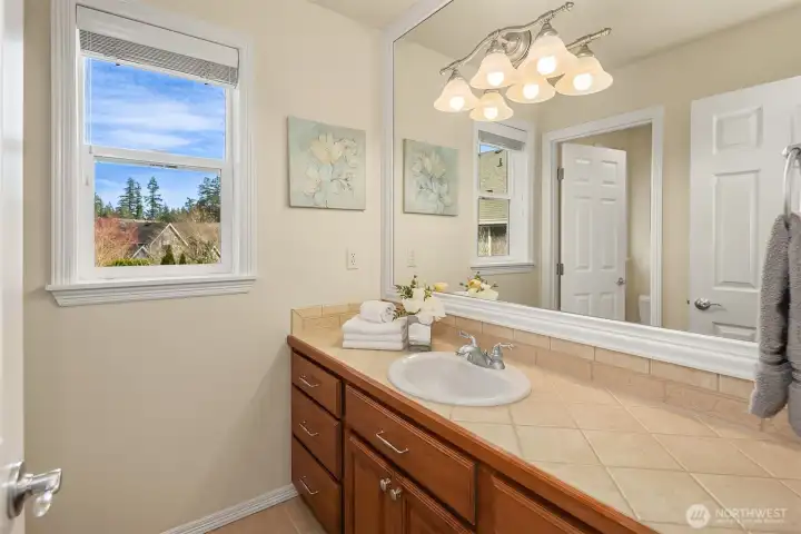 The bright, well-appointed vanity area features plenty of counter and cabinet space.