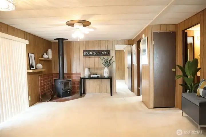 Woodburning fireplace.  Virtual.