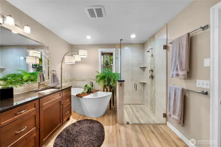 Soaking tub and walk in shower with double sinks