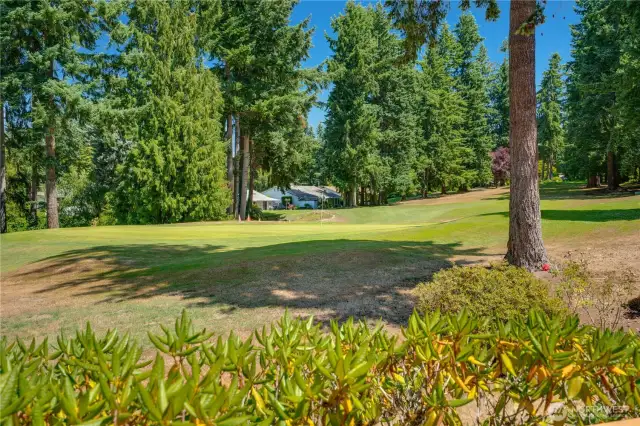 Relish year-round views of meticulously manicured grounds, with lush green fairways, vibrant seasonal blooms, and neatly trimmed hedges framed by expansive windows, creating a serene and picturesque backdrop.