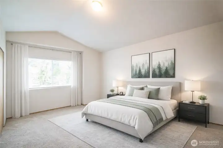 Virtually staged primary bedroom with vaulted ceilings and tons of natural light. Virtually staged primary bedroom with vaulted ceilings and tons of natural light.