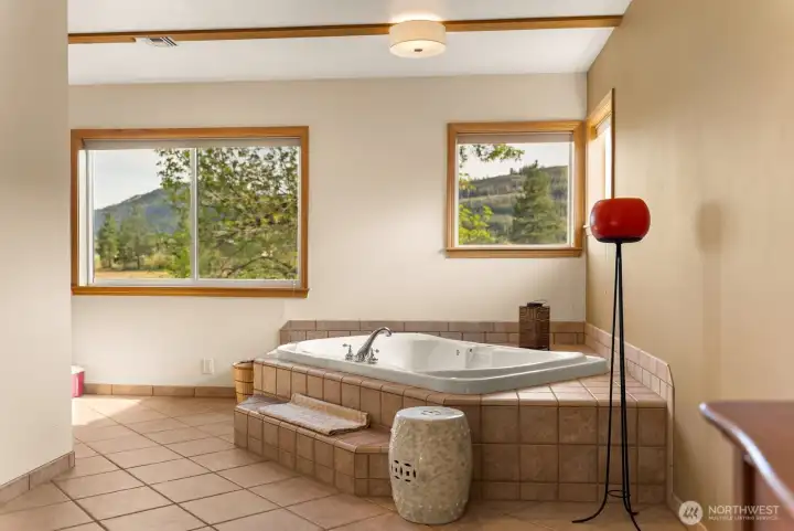 Deep soaking tub in the Primary ensuite has tiled floor. Lots of natural light.  Large Shower. Double sink vanity. Walk-in closet.