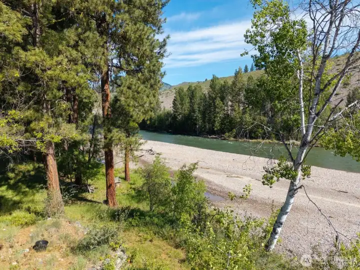 Backyard setting landscaped by nature. Sandbar to River in Summer.