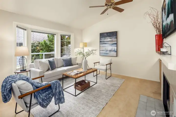 Living room at entry welcomes you with vaulted ceilings. Living room at entry welcomes you with vaulted ceilings.