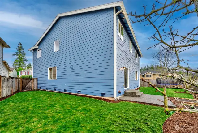 Fully fenced yard with patio, garden boxes, & fruit trees