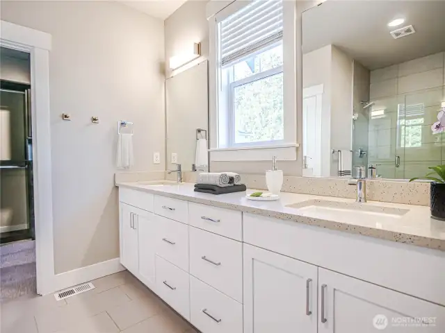 Primary Bath dual vanity with quartz counters and generous storage