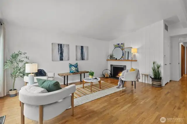 living room with original hardwood flooring throughout home