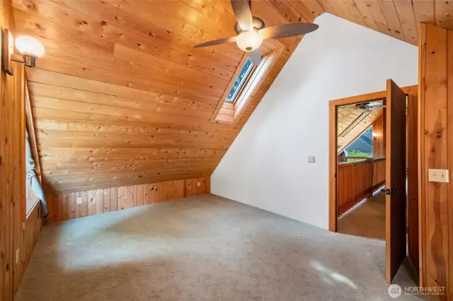 Upstairs bedroom has peaked ceiling with skylights that open.