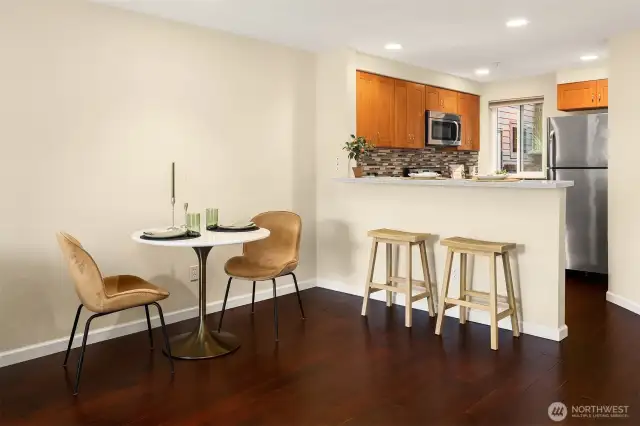 With an open floor plan there is plenty of room for a larger dining table and the chef can be part of the fun.