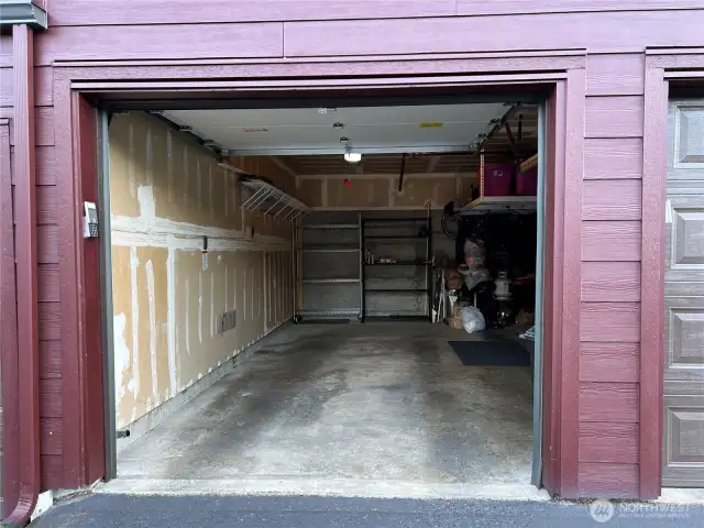 Unit H106 has a 1 car garage and the seller will leave the metal shelving. In addition there is 1 extra parking space, #149  and visitor parking.