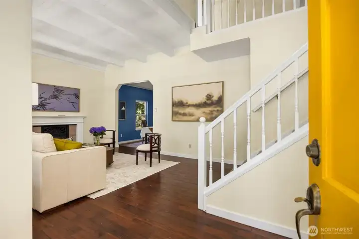 Step right into the living room with gleaming floors and painted Tongue & Groove ceiling