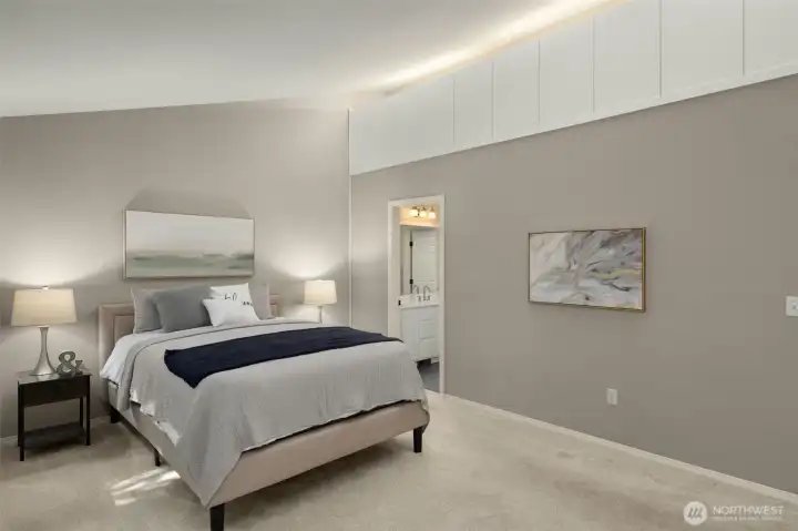 White cabinets above for extra storage- for holiday decorations or seasonal clothes!