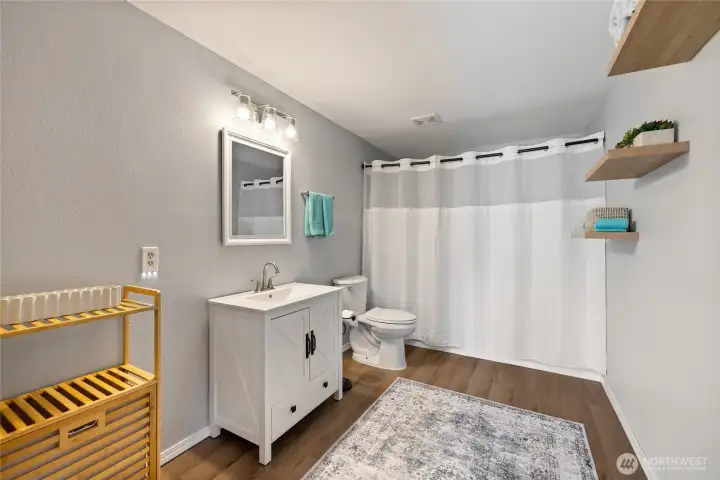Just-remodeled, lower level full bath.