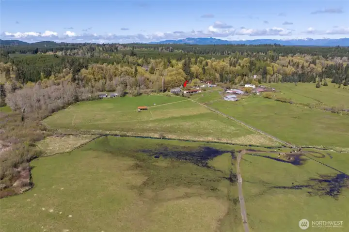 Looking West to the home (red mark), Coffee Creek runs through the property's rear acreage; water right will convey.