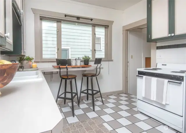 Kitchen with bright eating space.