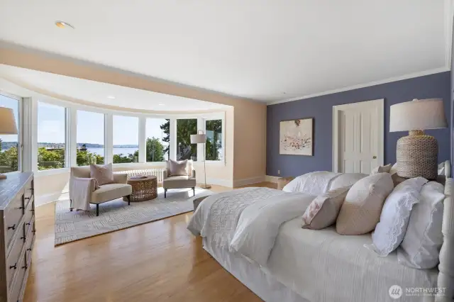 Third bedroom on the second floor. This one has the curved view windows showing off stunning Puget Sound views.