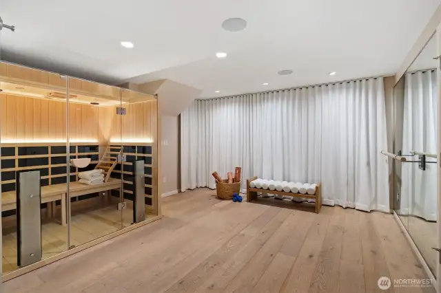 Private spa with a full spectrum infrared glass front sauna. Not shown is the oversized steam shower! Ballet barre and custom drapery covering abundant storage behind.