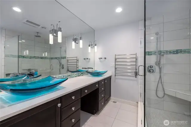 Newly installed bathroom with extra large shower and double sinks off the primary bedroom.