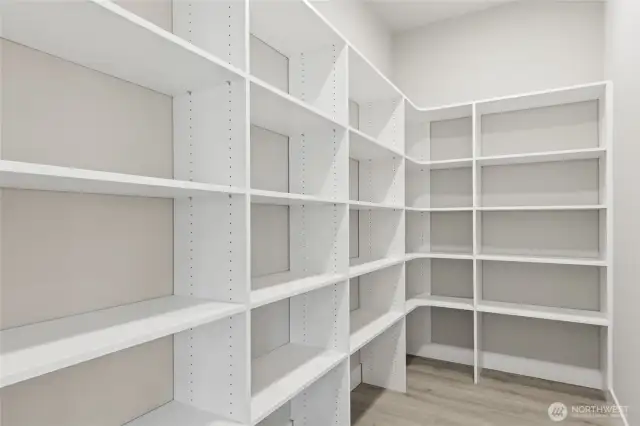 Spacious walk-in pantry with custom built-in shelving offers ample storage for dry goods, kitchenware, and small appliances—an ideal complement to the home’s gourmet kitchen.