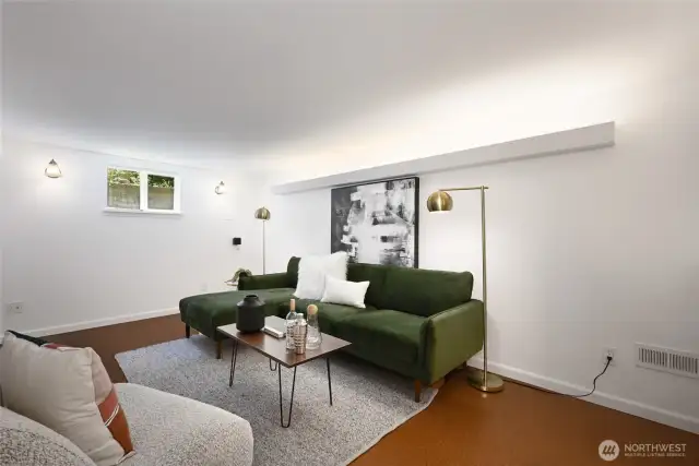 The basement renovation was beautifully finished to include an accommodating media room