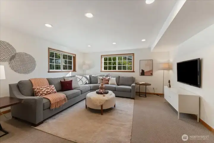 Spacious and cozy lower-level rec room provides ideal media and hangout space, with screened privacy and natural light from the windows.