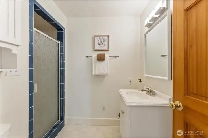 Lower-level bathroom includes a tiled shower and is ideally positioned next to the office / possible guest room.