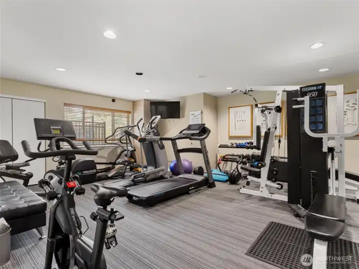 Fitness room with multiple workout options.