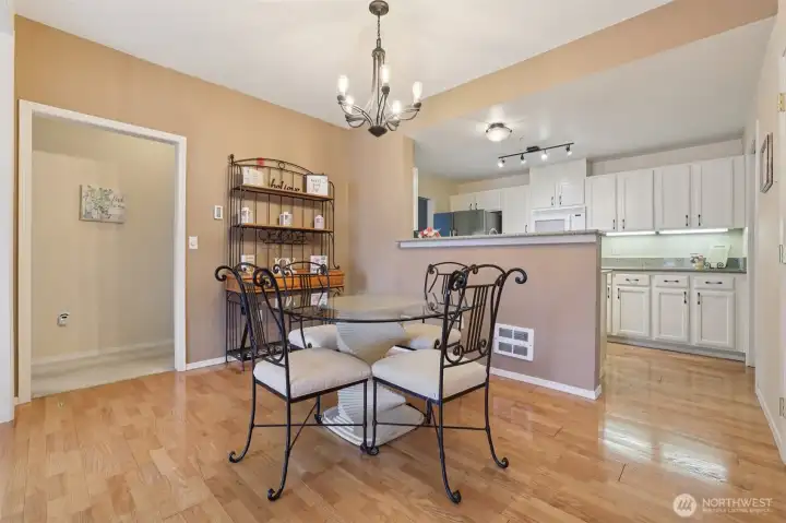 Dining area has a designated wall for a hutch or side table