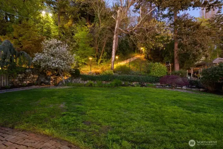 Basket ball court and lit entry