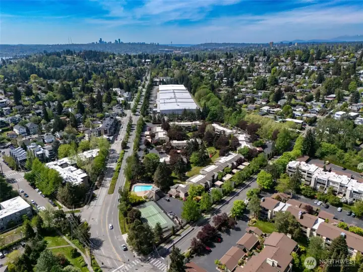 Aerial view looking towards downtown.  Burke-Gilman Trail is adjacent to the condo for a stroll or bike ride.