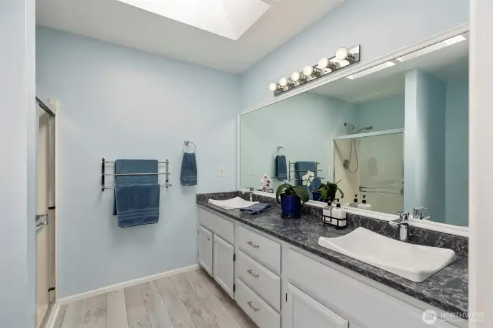 This primary bathroom with shower has a skylight making the bathroom bright and open.