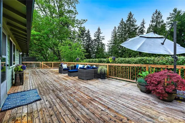 So much room on this fabulous deck!  3 sets of stairs leading to side(s) & back yard
