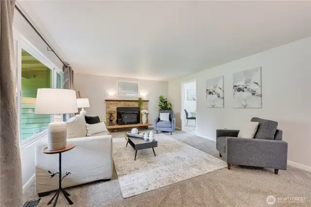 Cozy Living Room with wood stove adding ambiance and warmth on those chilly PNW days