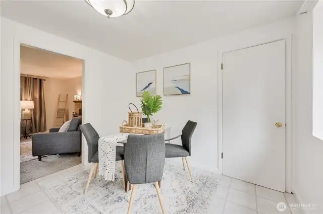 Dining room off kitchen and door leads to family room