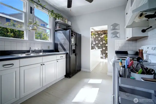 Kitchen with covered porch.