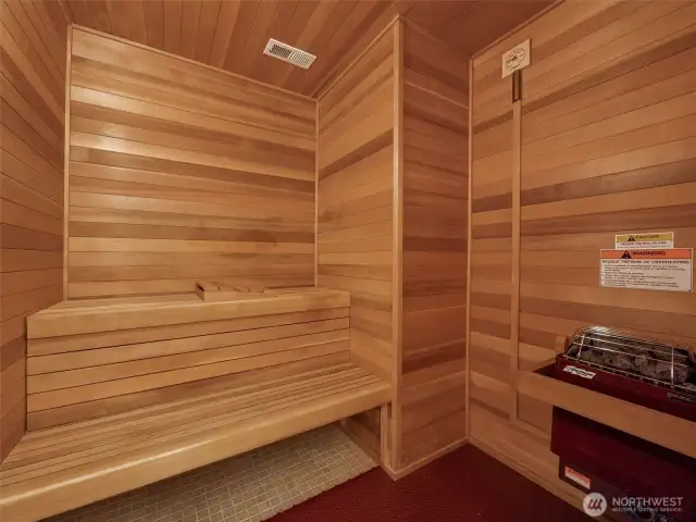 Rejuvenate in your private Finlandia-brand dry sauna, fully lined in cedar with built-in bench seating, an authentic stone heating unit, and room for hot/cold therapy sessions — the ultimate in in-home wellness.