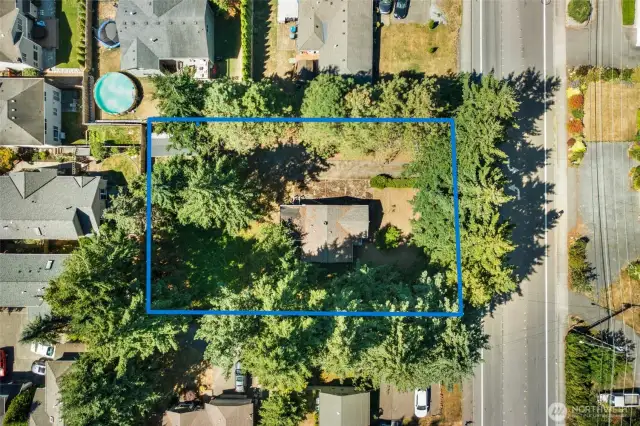 Just over 16,000 sq ft lot with modest home - value in land. Birdseye view looking North/South at lot.