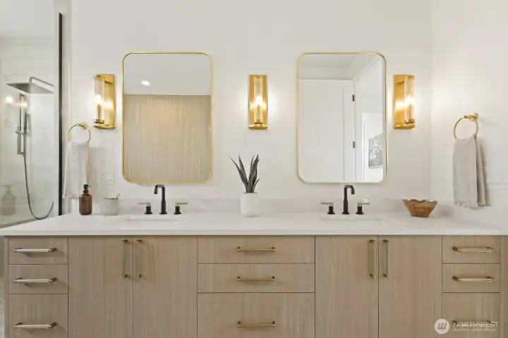 Premium fixtures and hardware create a magazine worthy primary bath