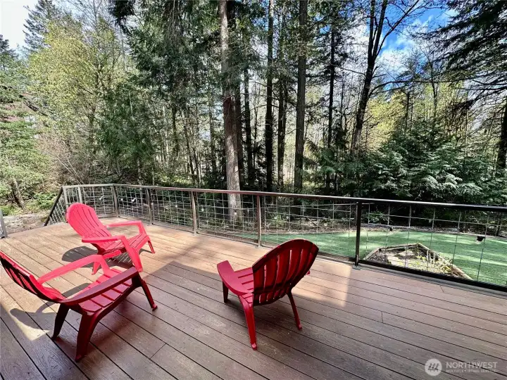 Rear composite deck with steal railing, gas BBQ hook up and territorial view of the surround trees.