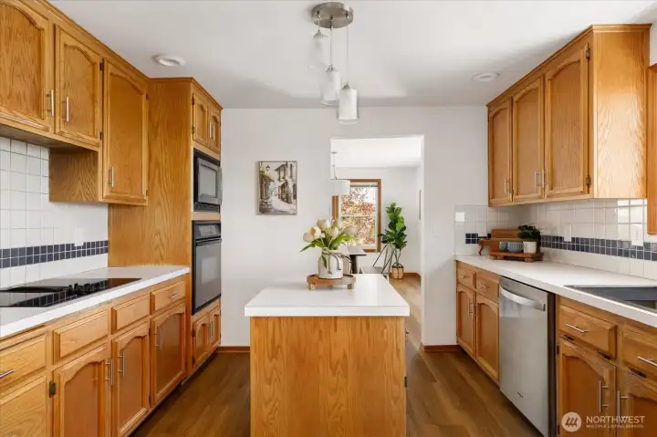 Convenient kitchen has new electric cooktop, dishwasher, sink, faucet & light fixtures