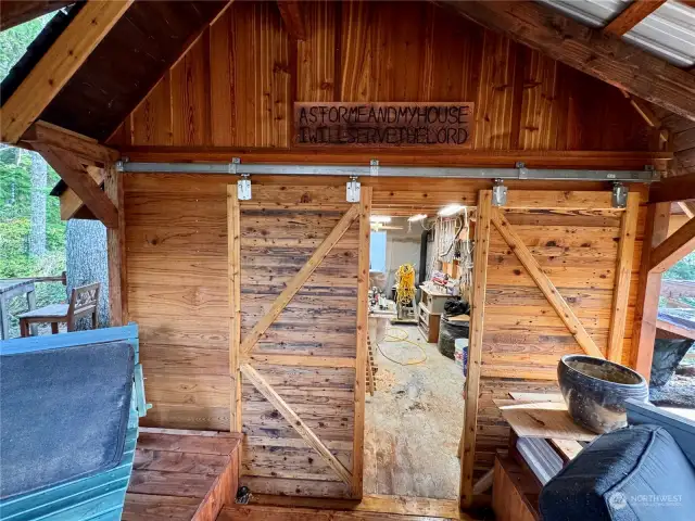 Sliding barn doors entrance to the shop.