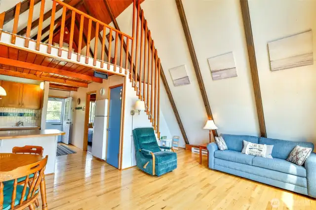 Living area facing sleeping loft