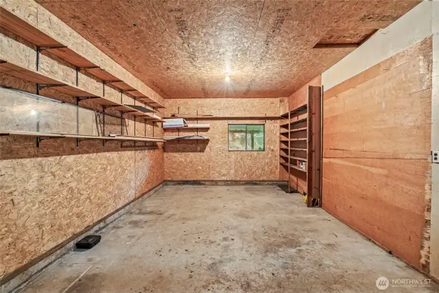 Garage with built in shelving.
