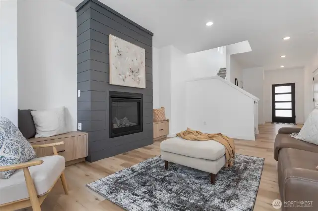 Fireplace and view towards entry