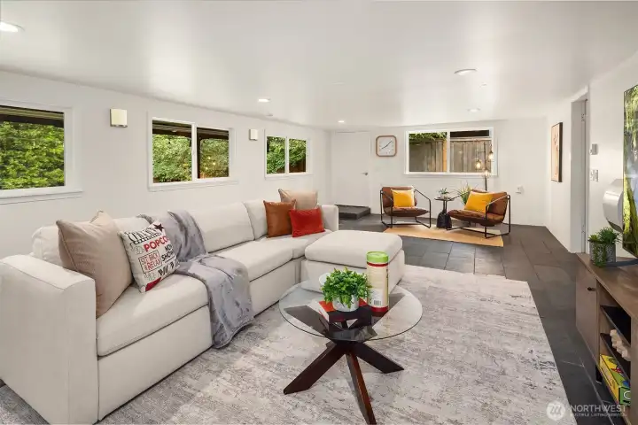 Wrap around windows overlook the private rear yard