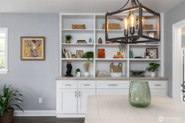 Custom built-ins evoke the charm of the original 1940s home, but offer the style and efficiency of modern cabinetry including soft-close doors and drawers, and power outlets conveniently located for lighting or charging your electronics.
