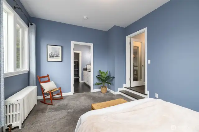 Primary suite. Efficient hot water radiant heat keeps the house warm with no ducts to insulate or keep clean.